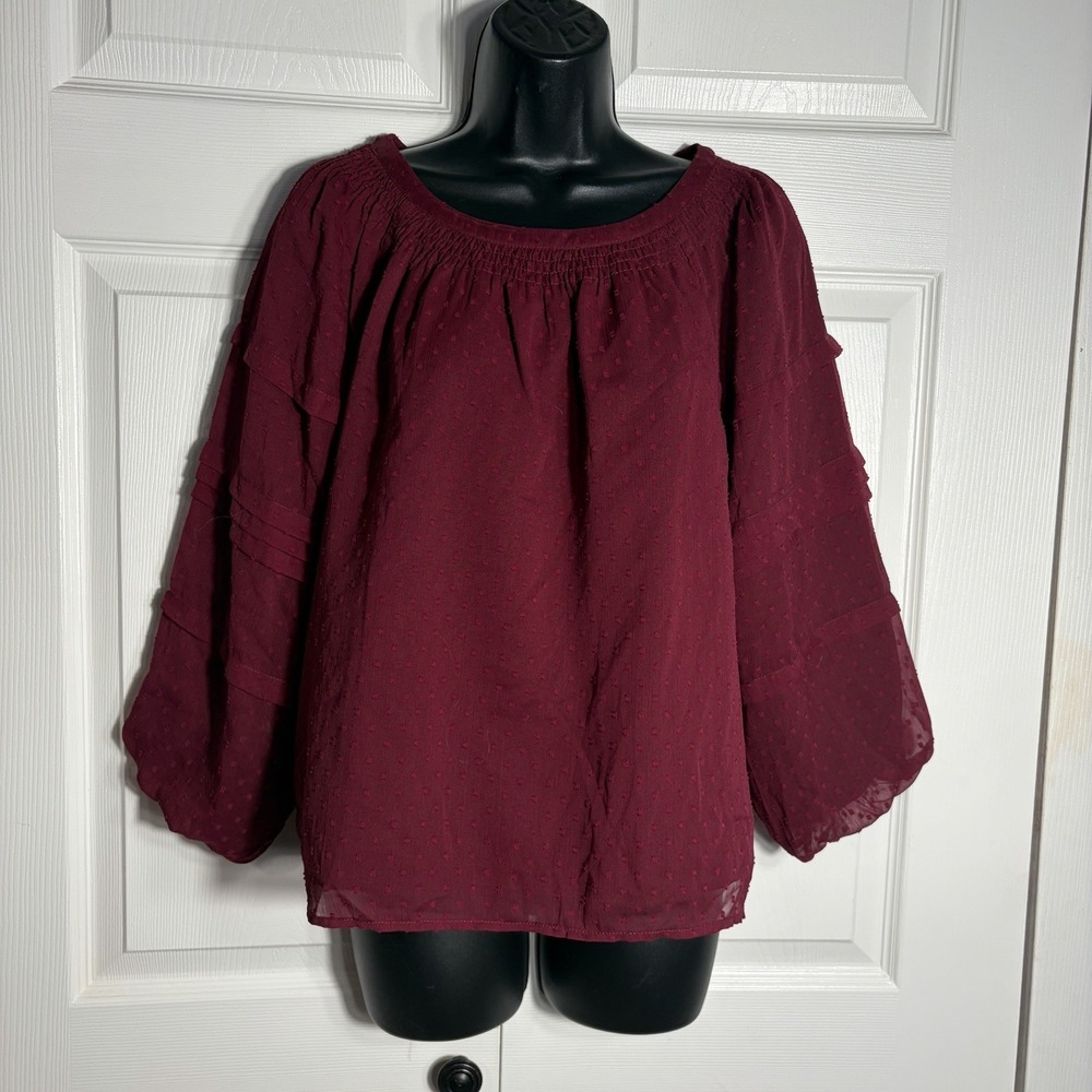 LOFT Burgundy Clip Swiss Dot Smocked Neck Blouse Petite S Wine Chiffon Overlay